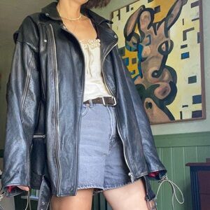 $1000 Young Poets oversized distressed black leather tie moto jacket unisex